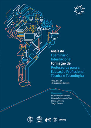 A capa apresenta o título 'Anais do I Seminário Internacional: Formação de Professores para a Educação Profissional Técnica e Tecnológica' em azul sobre um fundo azul-escuro com um contorno de mapa estilizado e ícones tecnológicos.