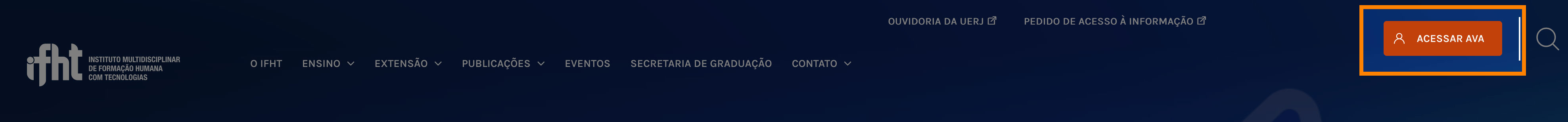 Imagem mostrando o menu de navegação na página inicial do IFHT. Na parte superior direita, há um pequeno quadrado laranja, um botão, escrito 'Acessar AVA'